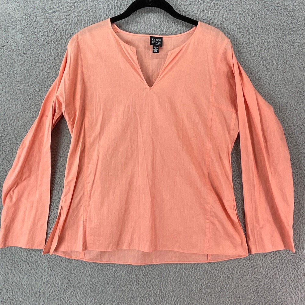 Eileen Fisher Tunic Women PM Coral Excellent 100% Cotton Split Neck Slub Top